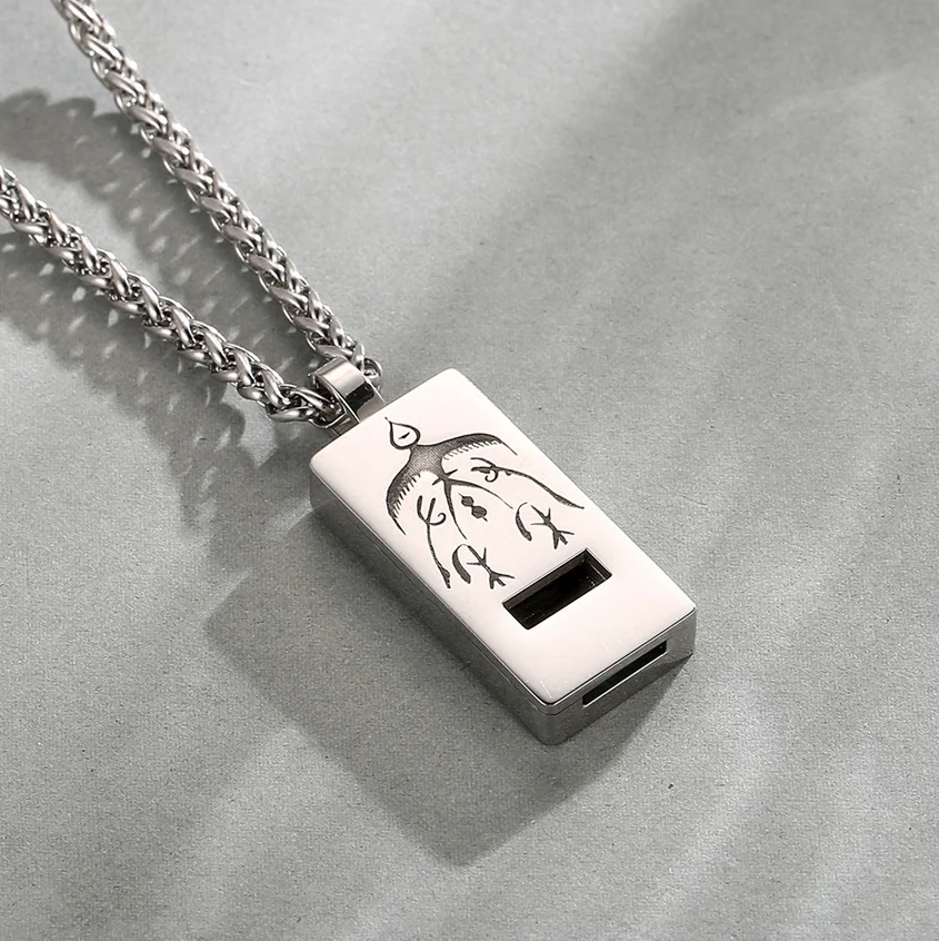 

Stainless steel Hip Hop Pendant Men's Anxiety Necklace Meditation Breath Custom square whistle necklace