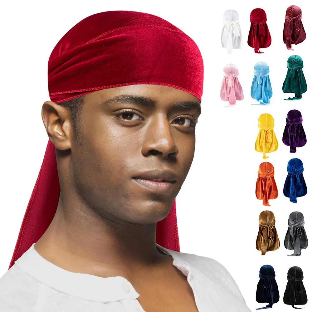Men Velvet Durag Solid Color Long Tail Bandana Wave Cap Soft Velvet Head Wrap For Braids Dreadlocks Hair Styling Do Rag