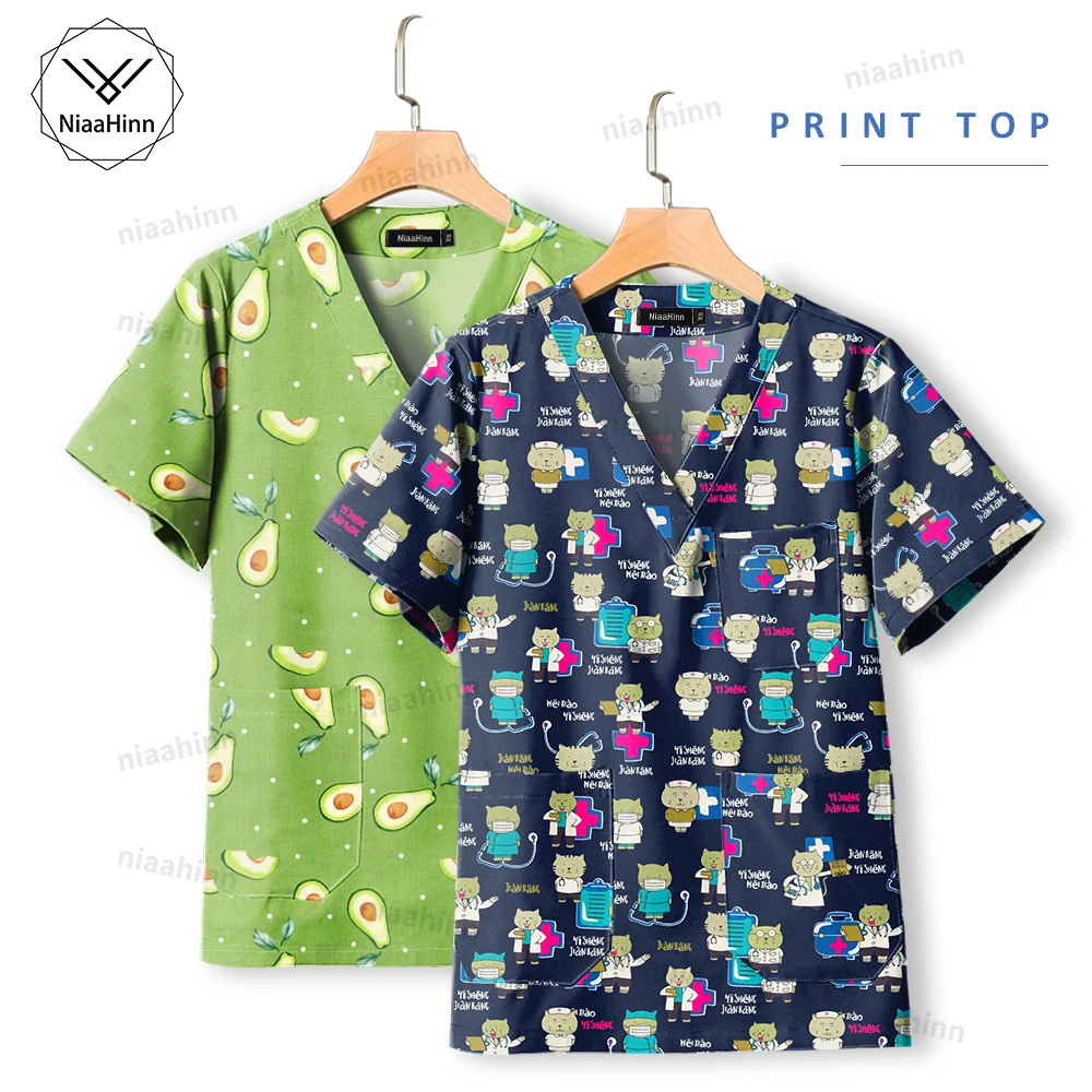 Hot Selling Medical Uniforms Nurse Accessories Clinic Scrub Short Sleeve Tops Women Men Fashion Print Spa Beauty Uniform Unisex