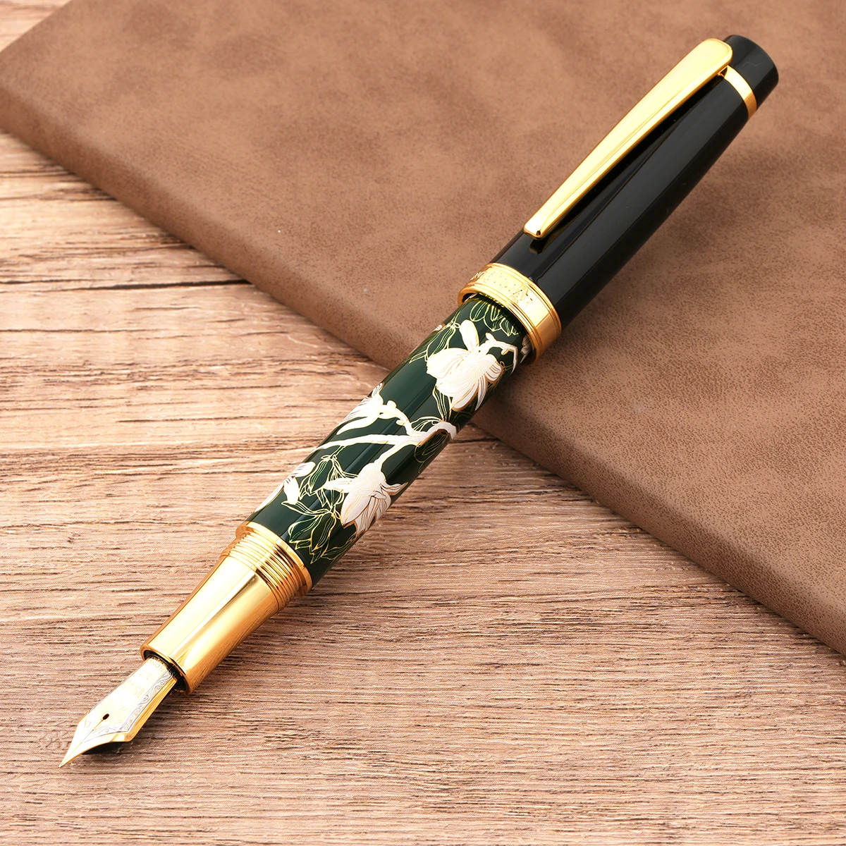 

HongDian Hand-Drawing Metal Fountain Green Flowers Iridium EF/F/Bent Nib Ink Pen Chinese Style Business Office Writing Gift
