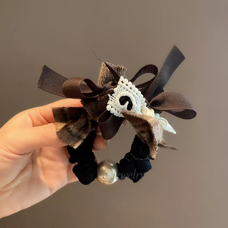 

High-End Melad Coffee Color Multi-Butterfly Knot Pearl Hair Tie for Women Sweet High Elasticity Back of Head Hair Rope Hair Acce