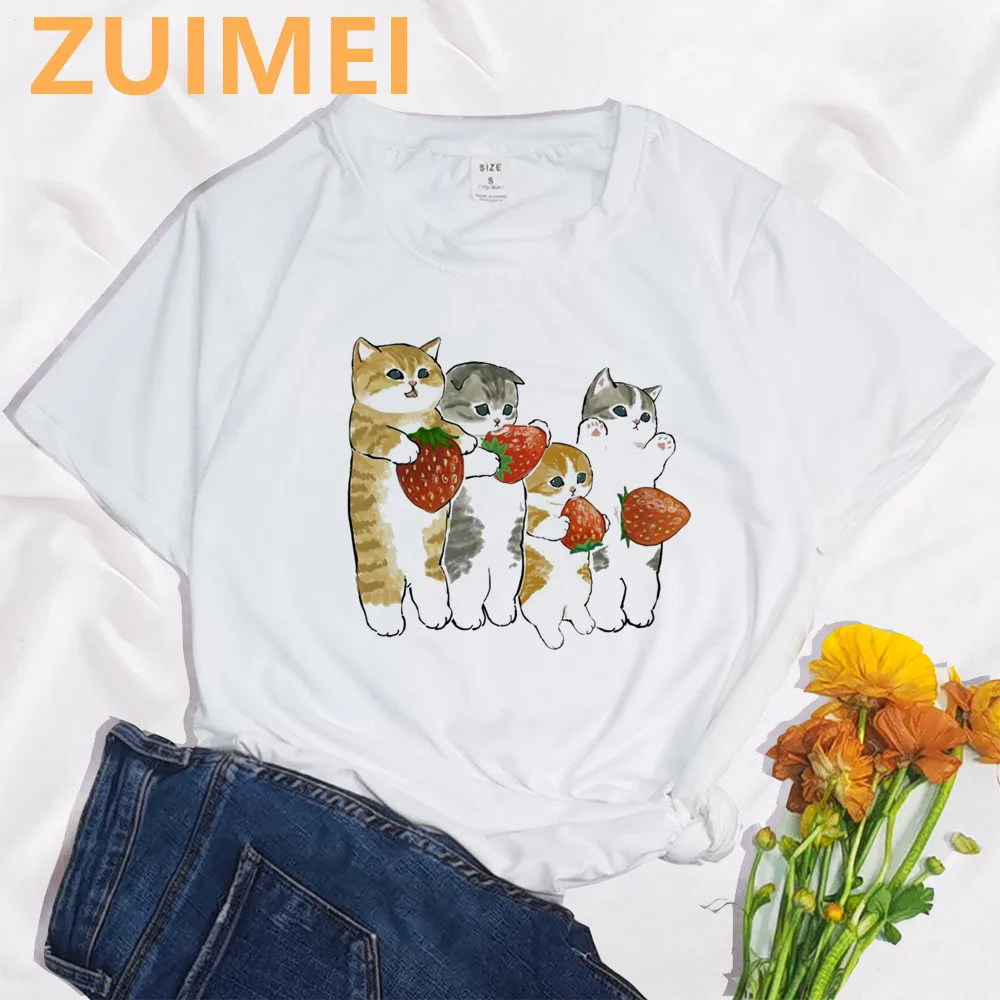 

Starberry Ice Cream Cat Print Harajuku Top Women T-shirt Casual ladies basic O-collar White Short Sleeved T-shirt Girl,Drop Ship