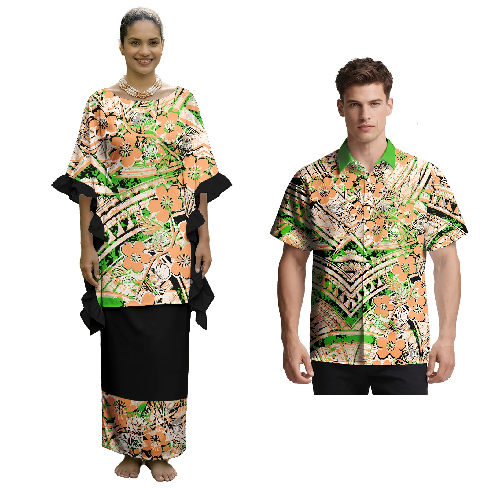 Popular Cozy Hawaii Print Men Beach Shirts Polynesian Tribal Design Plus Size Couple of Set Crewneck Samoan Puletasi for Ladies