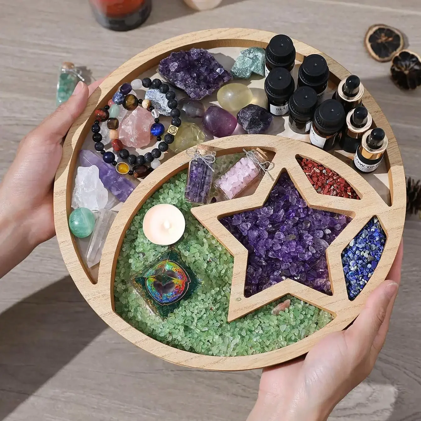 قطعة واحدة من صينية كريستال على شكل نجمة القمر - حامل عرض خشبي لأحجار الشفاء |   ديكور المنزل وفكرة هدية |   تنظيم وعرض البلورات