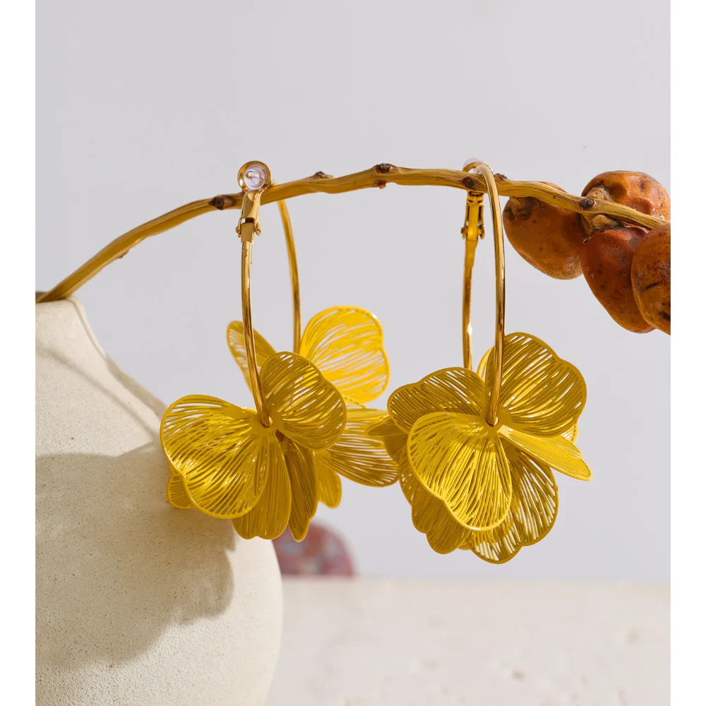 Yhpup Arrivals Exclusive Stainless Steel Metal Flower Big Hoop Earrings Fashion Personalized Daily Waterproof Jewelry