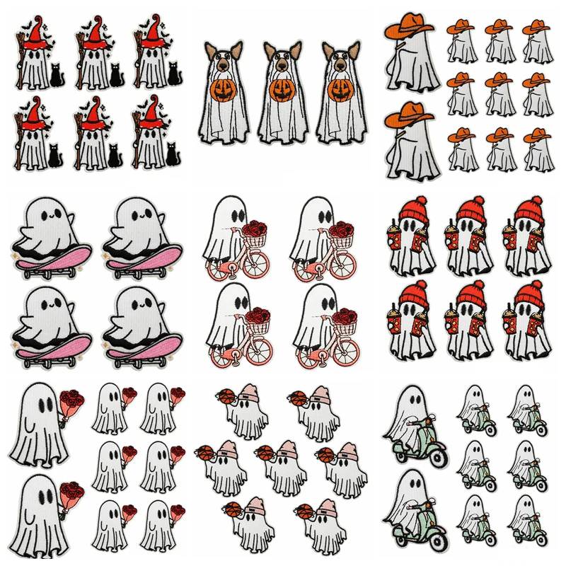 10 pcs/set Wholesale Cute Ghost Embroidered Patches For Clothing Stickers Cartoon Halloween Applique Iron On Patches On Clothes