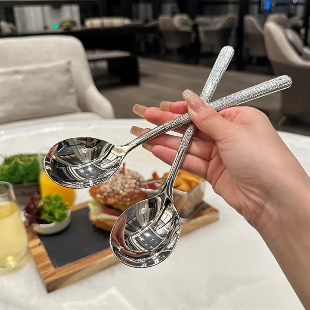 Stainless Steel Drinking Soup Spoon Long Handle Round Head Hammer Pattern Dessert Spoons Korean Spoon Western Restaurant Spoon