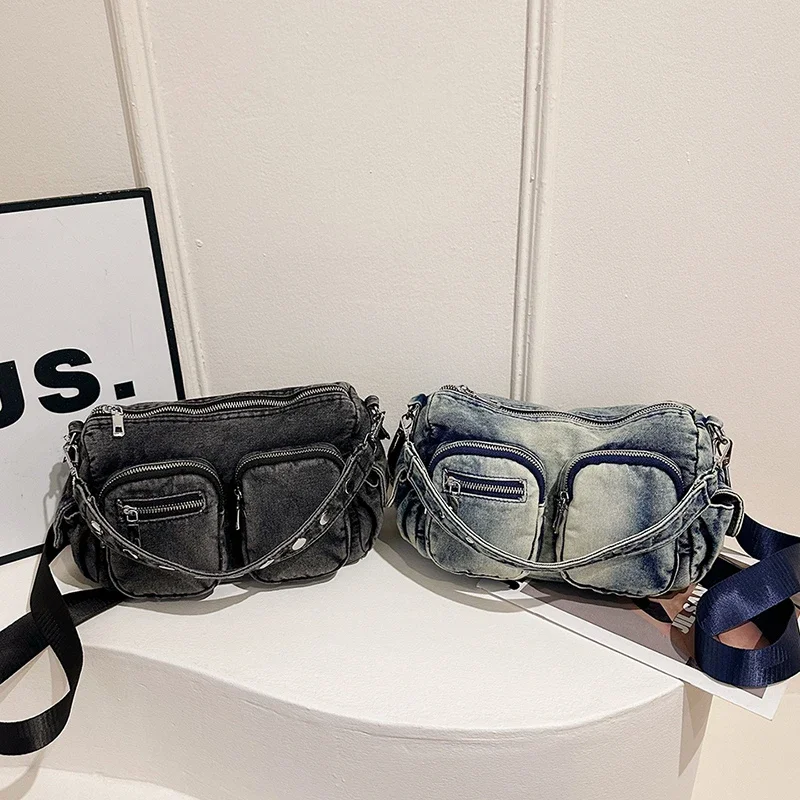 Luz de luxo retro denim saco para as mulheres 2025 novo item nicho multi bolso design ombro único axila saco casual picante menina saco