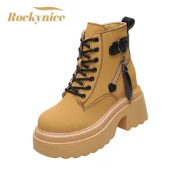 New Arrival jesienne botki damskie wysoka podeszwa buty motocyklowe zimowe sznurowane Chunky Sneakers wygodne skórzane buty 10CM