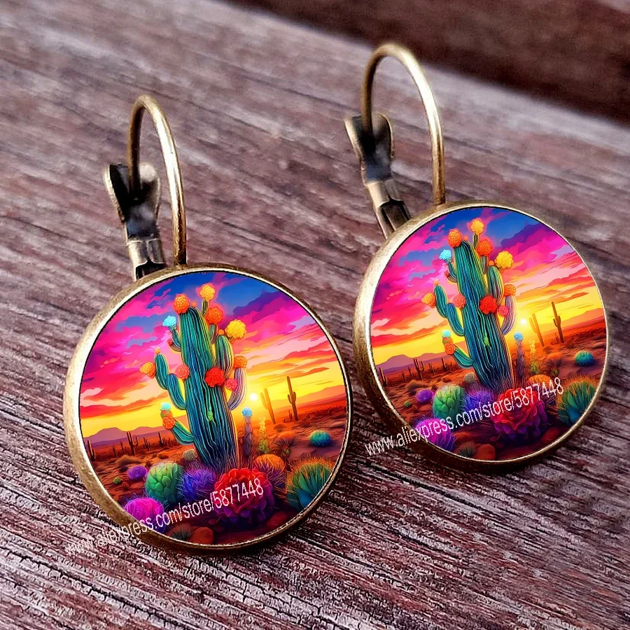 Beautiful cactus earrings cute succulent plant cactus pattern glass dome earrings high-quality jewelry gifts for girls