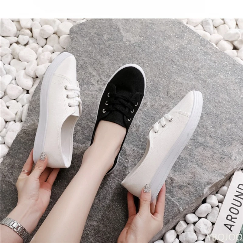 

2025 new Comfortable Street Lace Up Shoes Fashionable versatile women flats Lady Classic Round Toe White Canvas Shoes for Women