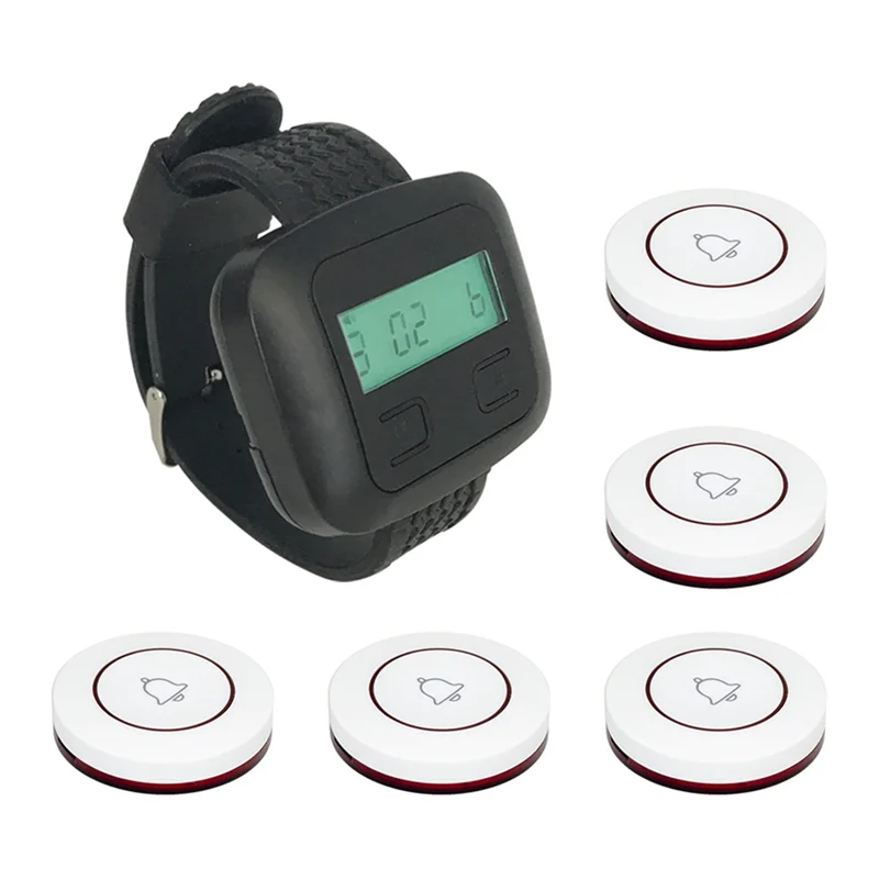 A60Z Top Wireless Restaurant Calling System 5Table Call Button Transmitters 1Watch Pager, Restaurant Waiter Service Bell Buzzer