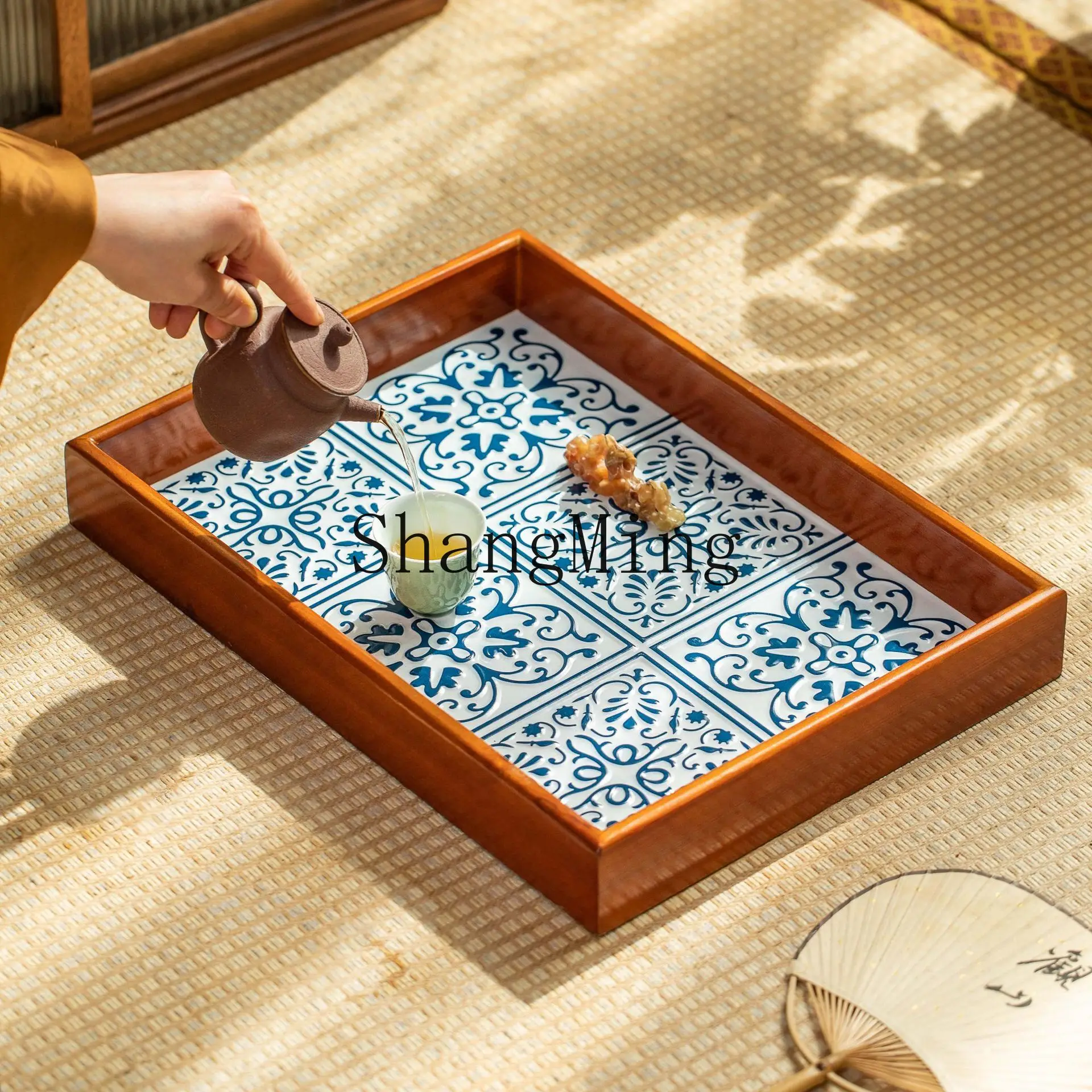 SM New Chinese Solid Wood Rectangular Tea Tray Household Dim Sum Tray Commercial Dried Fruit High Value Storage Tray