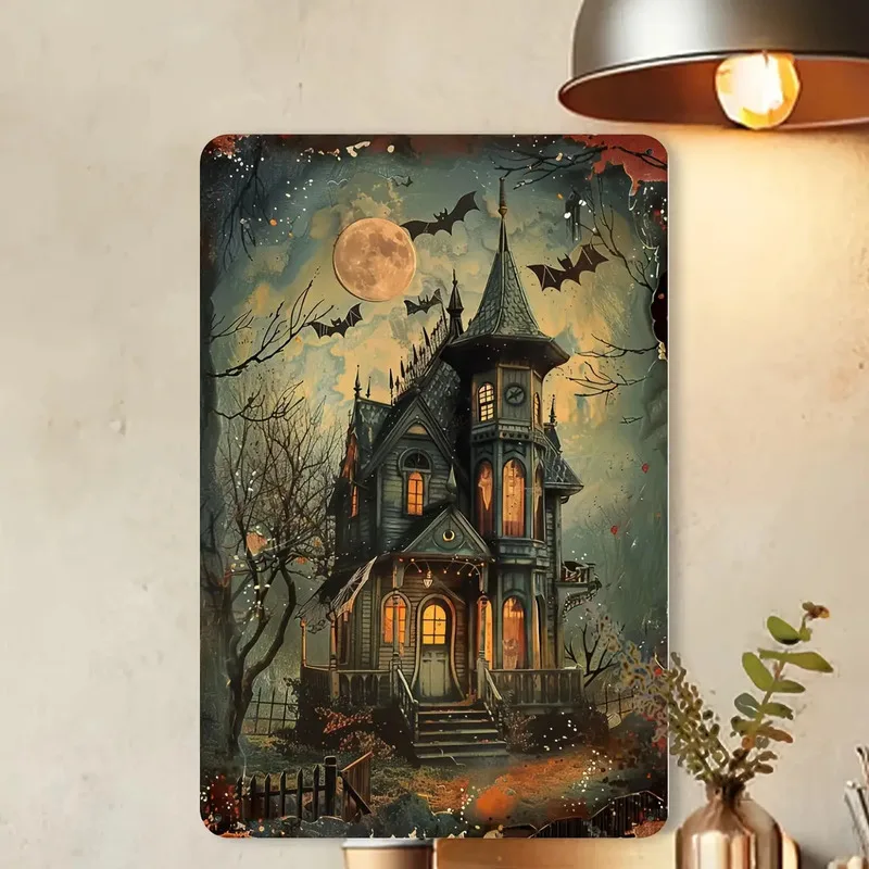 2D Flat, 1pc Spooky Halloween Gothic Vintage Metal Tin Sign- 20x30cm Mystical  Iron Plaque with Full Moon, Bats& Autumn Leaves f