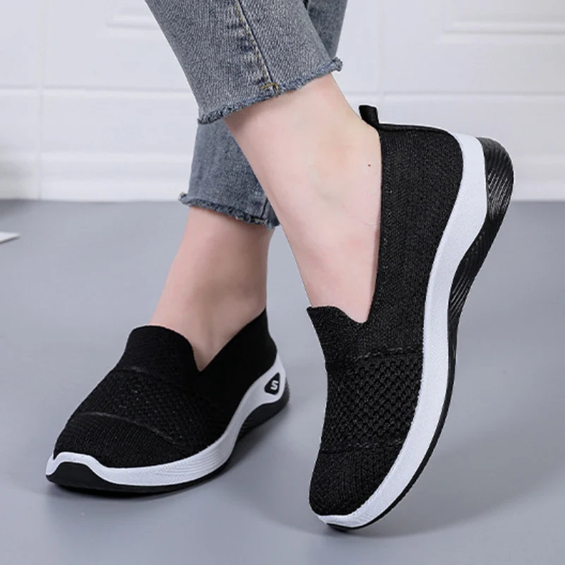 2026 Atmungsaktive Keilabsatz-Loafer für Damen, Frühling/Sommer, Slip-On, gestrickte Sportschuhe, rutschfeste, weiche Sohle, Walkingschuhe für Damen – Detail 4