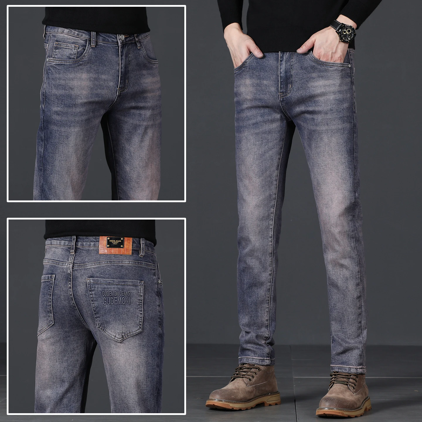 

New Spring Men's Jeans Elastic Casual High-End Business European Fashion Brand Versatile Long Pants Low Waist Drawstring