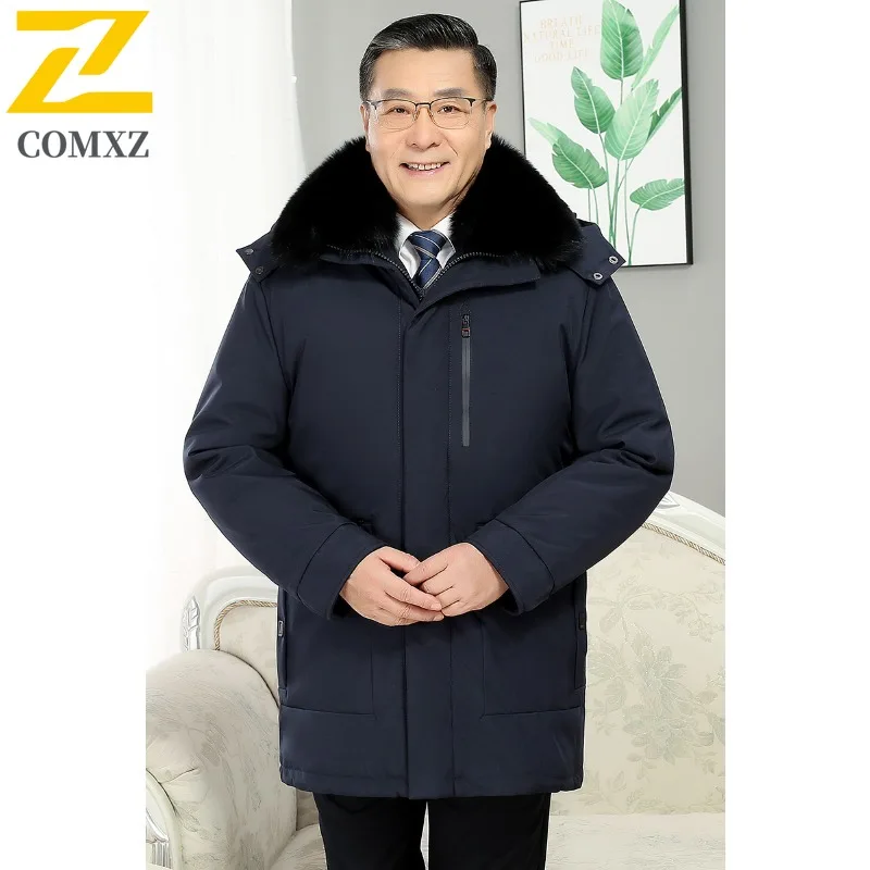 COMXZ Premium Men Down Jacket Fur Collar Hooded Commute Office Thickened Warm Parka Solid Color Travel Windproof Winter Coat