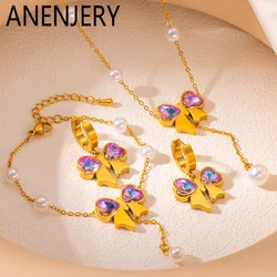 ANENJERY 316L Stainless Steel Imitation Pearls Bowknot Purple Zircon Necklace Bracelet Earring For Women Sweet Jewelry Set Gifts