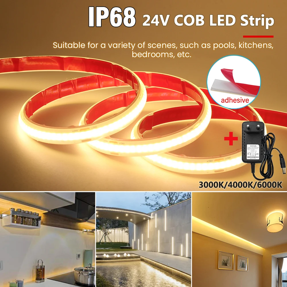 

IP68 Waterproof COB LED Strip Dimmable 320LEDs/m High Density DC 24V Flexible Tape Lights with EU/US/AU/UK Plug for Garden Decor