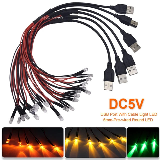 Port USB DC5V z okrągłą diodą LED o średnicy 5 mm i okrągłą diodą LED emitującą światło Czerwony Zielony Niebieski Do lampki nocnej DIY Ręczne światło