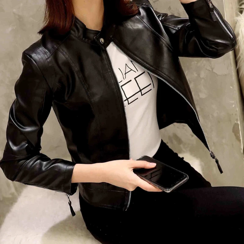 Chaqueta de cuero informal para mujer, abrigo gótico de invierno, chaqueta Bomber corta, traje de Scooter negro, ropa para mujer, nuevo Eam