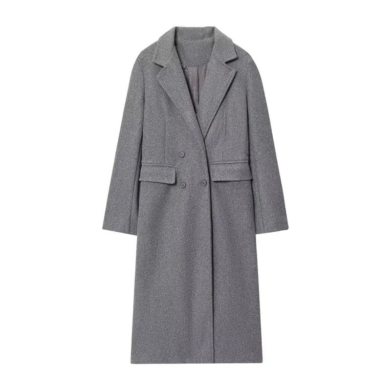 CYL-Women's Double Breasted Woolen Coat Lapel Collar Long Sleeve Female Outerwear Overcoat