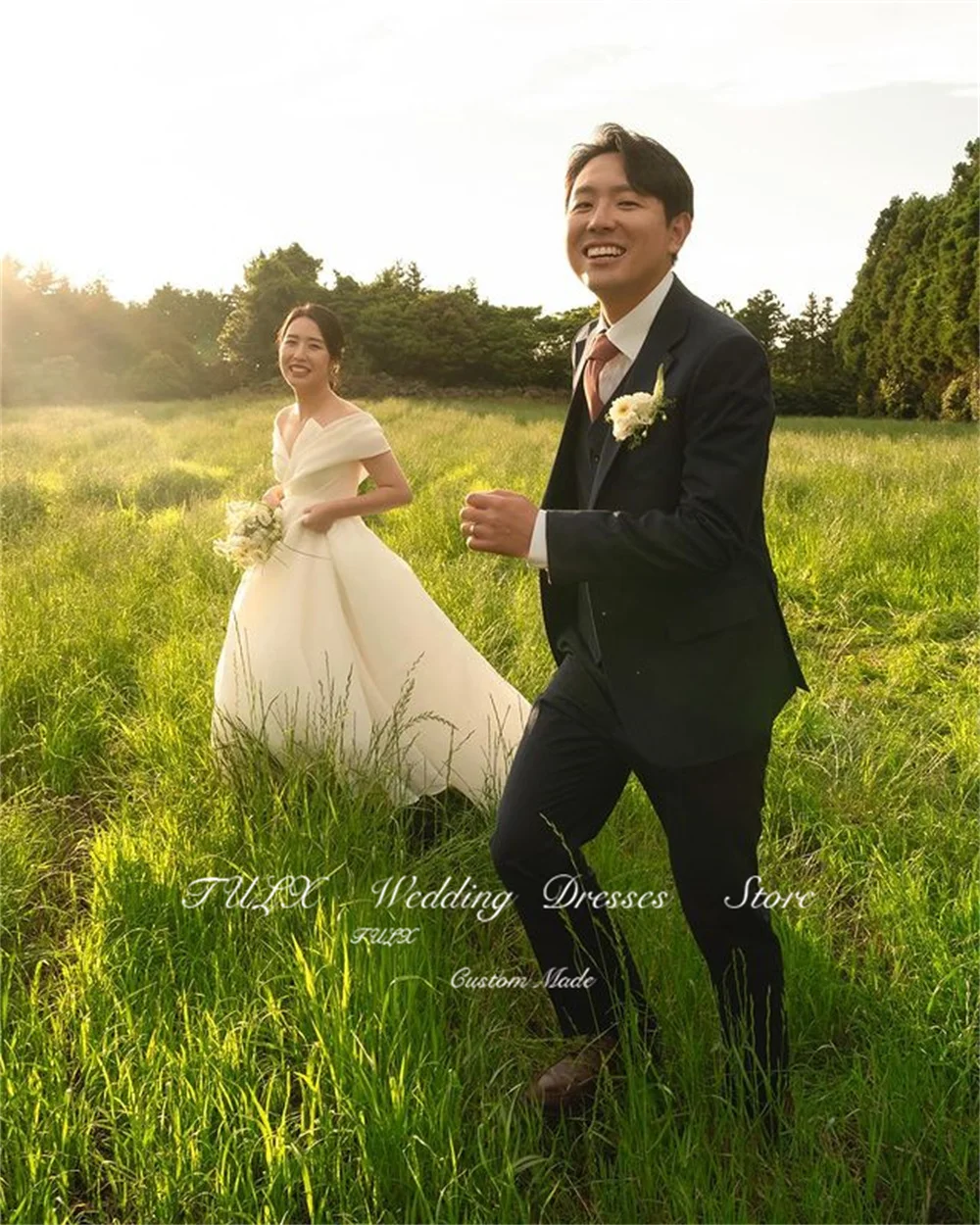 TULX ง่ายปิดไหล่ชุดแต่งงานเกาหลีถ่ายภาพ A-Line ยาวซาติน Tulle Elegant ชุดเจ้าสาว Custom Made