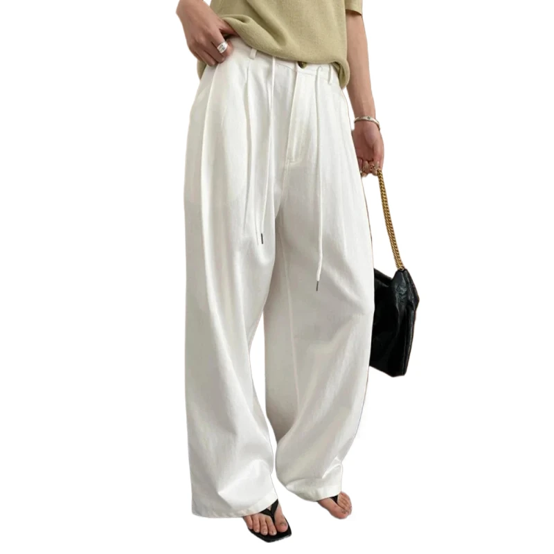 

2025 Spring New Casual Drawstring Pleated Wide Leg Pants Elastic High-waisted Versatile Wide-leg Temperament Trousers For Women