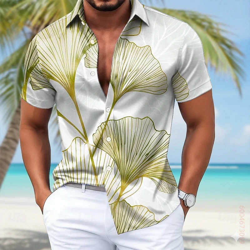 Men's Hawaiian Short-Sleeve Shirt, Blue Ginkgo Leaf Art Print, Stylish and Versatile Trendy Shirt for Beach Vacations and Travel