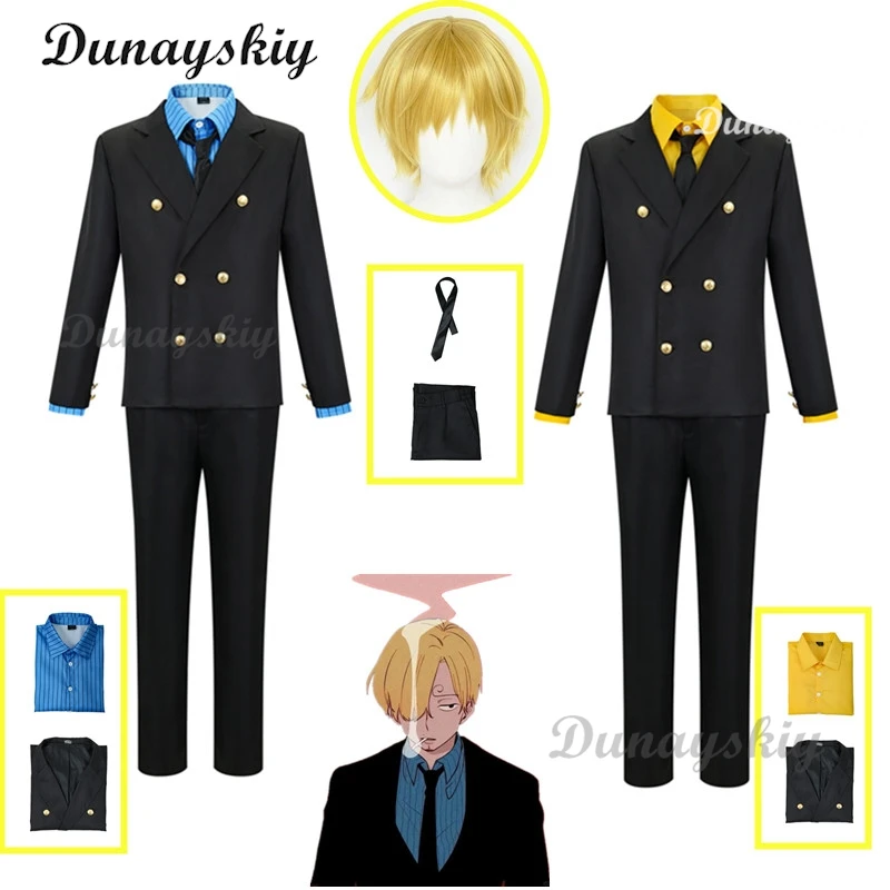 2Year Sanji Cosplay Anime Vinsmoke After Costume Men Halloween Christmas Yellow Suit Costume Wig Tie Custom Size