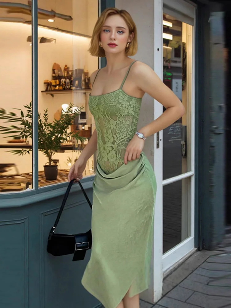 แฟชั่นสีเขียว Camisole Bodycon Maxi ชุด Sheer Lace ซาติน Patchwork Ruched เซ็กซี่ฤดูร้อน Elegant Beach Party ชุด