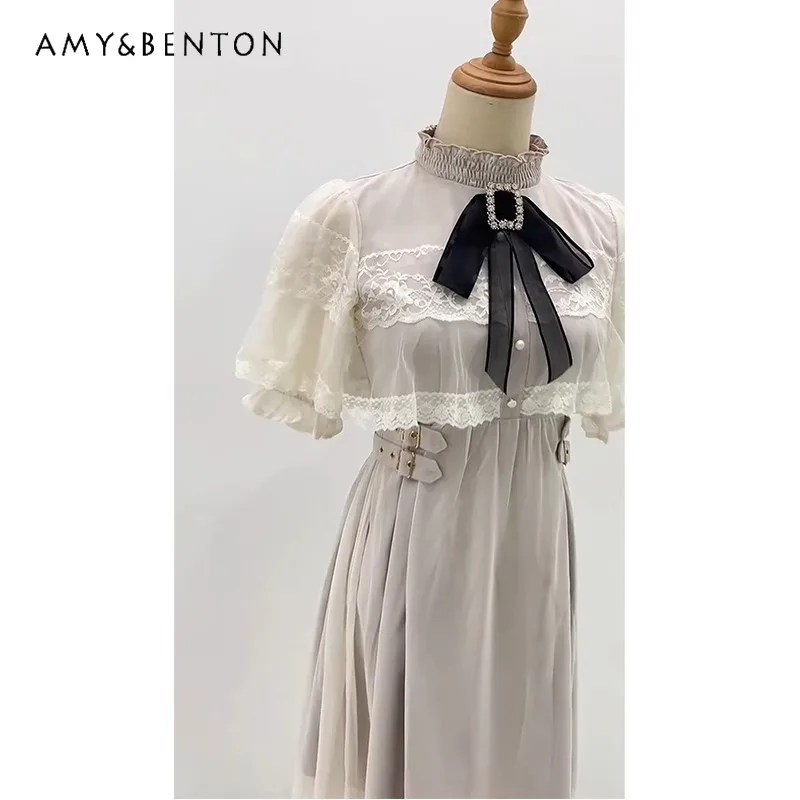 

Mine Series Mass-produced Lolita Cape Short-sleeved Lace Dress Women Japanese Elegance High-waisted Slim Mid-length Dresses