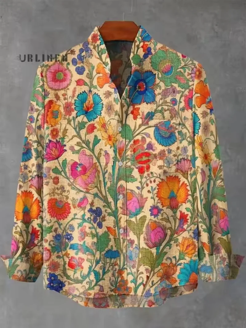 New Summer Men's Flower Printed Pattern Long Sleeve Linen Shirt, Multiple Styles, Fashionable and Versatile, Loose Leisure Vacat