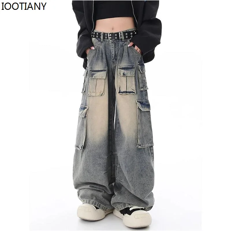 Women Cargo Pants With Multi-pocket Design Streetwear Mid Waist American Wide Leg Jeans Fashion Loose Female Straight Trousers