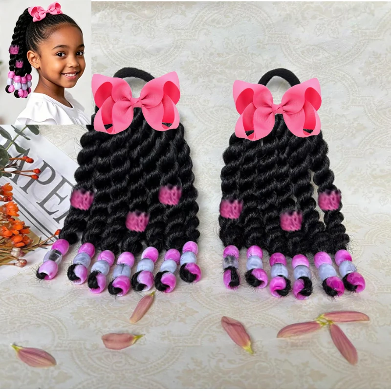 2pack Girls Handmade Twist Braid Hair Extension, Multi Color Beaded Bow Ponytail Hair Tie, Reusable Cute Hair Decor For Kids