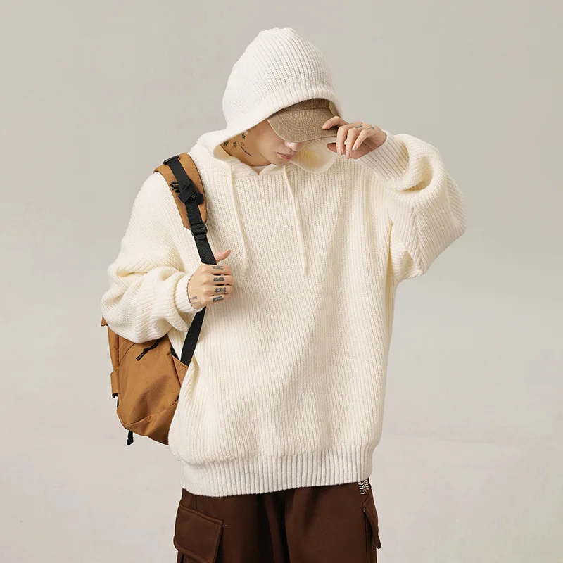2025 Winter Autumn New Fashion Men's Solid Color Casual Trendy Sweater Loose Long Sleeve Hooded Basic Knitted Sweaters