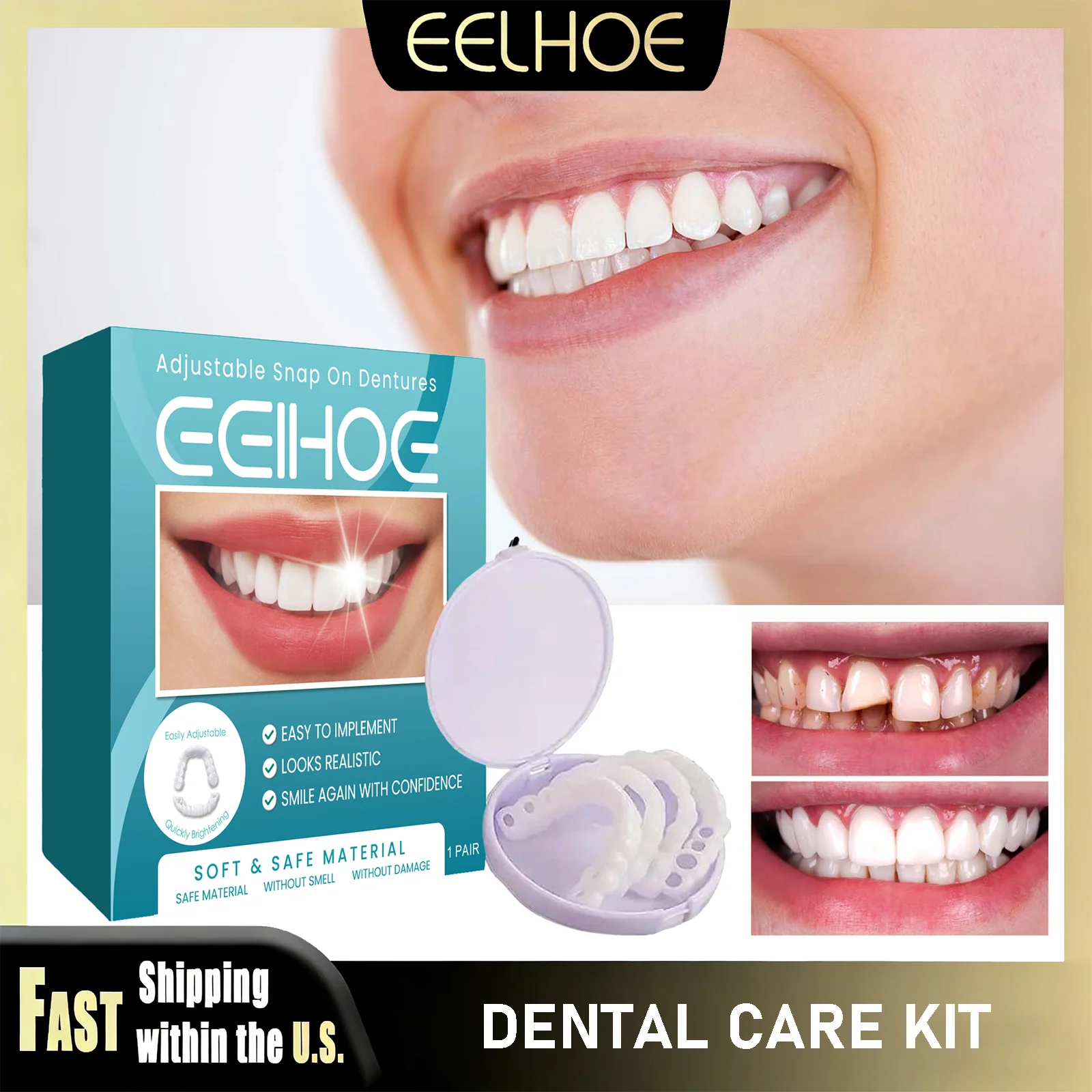 EELHOE Adult Adjustable Dentures Teeth Set Adjustable Snap-on Fake Teeth Portable Braces Decorate Gaps Tooth Enhance Aesthetic