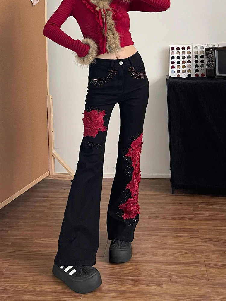 Retro Rose Splicing Jeans Women's Slim Fit Micro Flared Pants American Hot Girl Design Sensation Autumn Vintage Wear Resistant