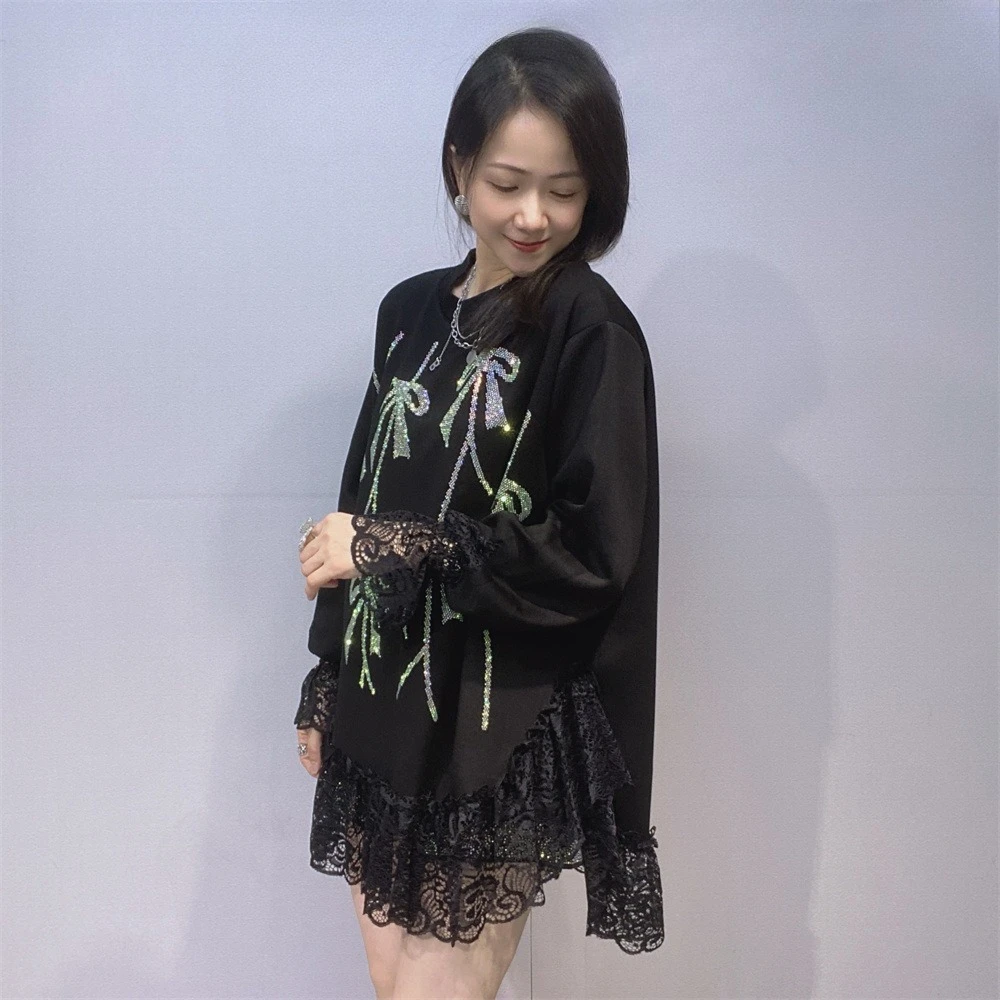 Women's Clothing 2025 Autumn Winter New Round Neck Long Sleeve Tops Women Lace Splicing Rhinestone A-line Oversize Chic T-shirts