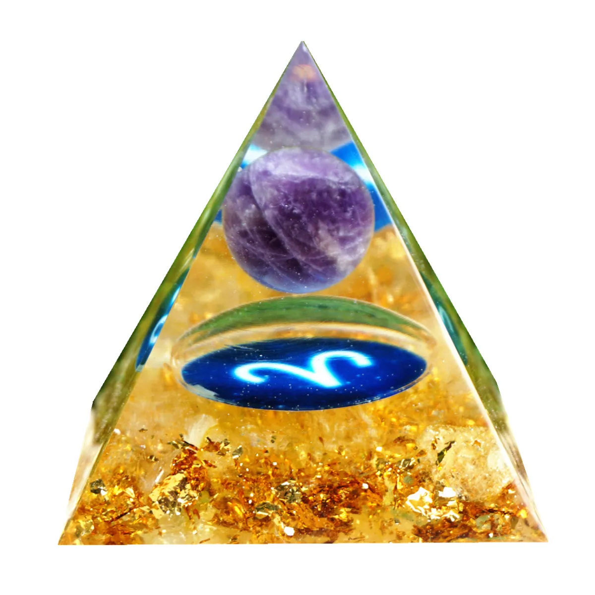 Zodiac Amethyst Sphere Orgone Pyramid with Citrine Crystal Aries Geometry Style Reiki Healing Energy Orgonite Pyramide