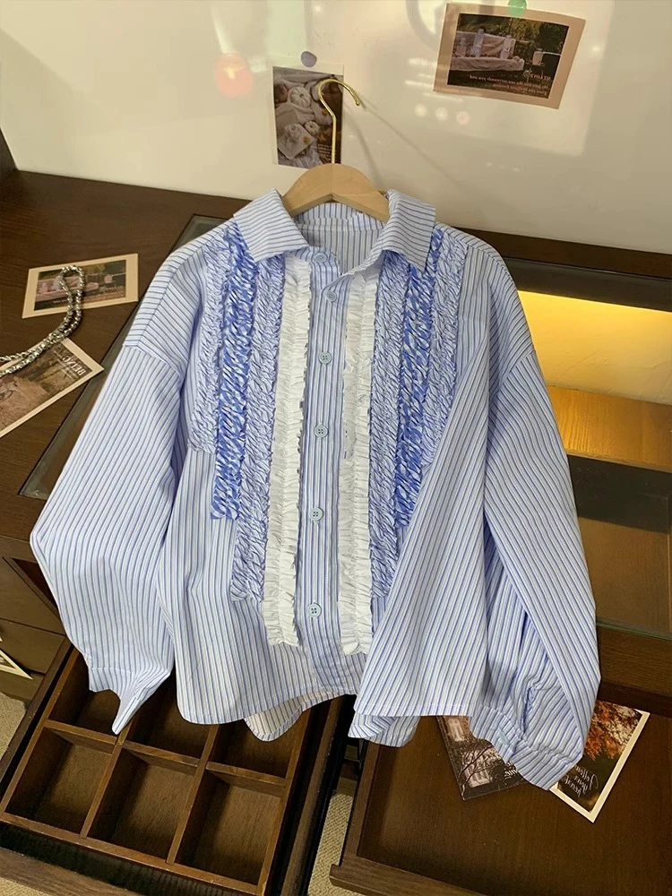 Casual Sle Loose Fit Long Sve rayas azules irt Stand Collar Ne hombres mujeres Primavera Verano Faion ropa de alta gama