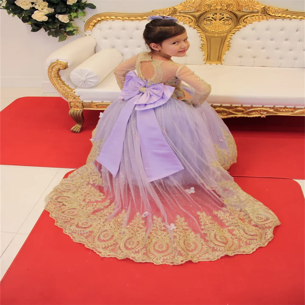

Lavender Girls Pageant Flower Girl Dress Ball Gown Tiered Illusion Sleeves Children Birthday Lace Ruched Little Kids Photography