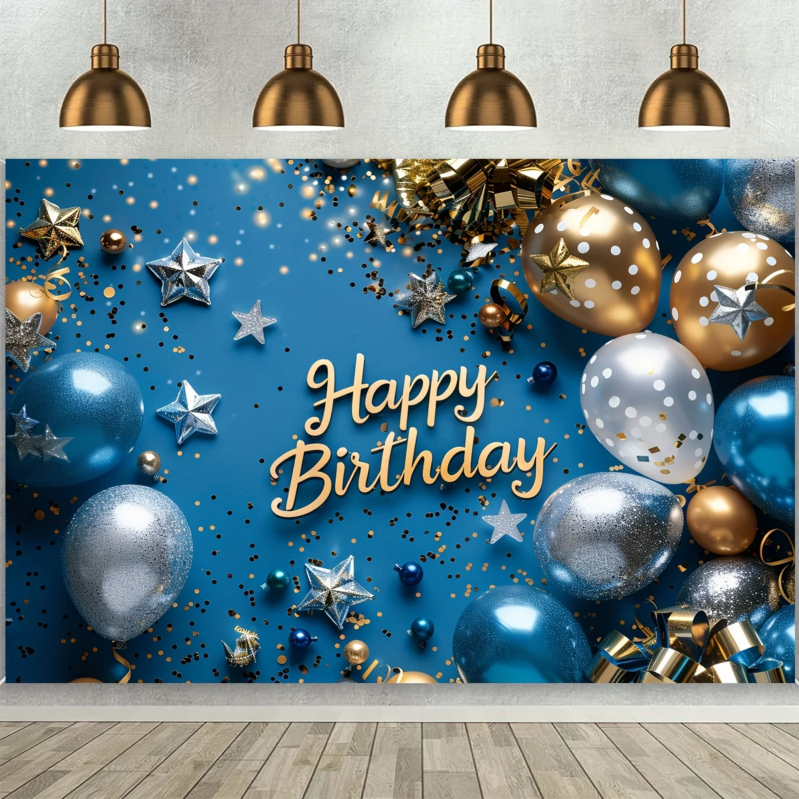 Blaues Gold alles Gute zum Geburtstag Hintergrund Party Luftballons Penta cle Fotografie Hintergrund Ereignis abstrakte Feier Tisch dekor Banner