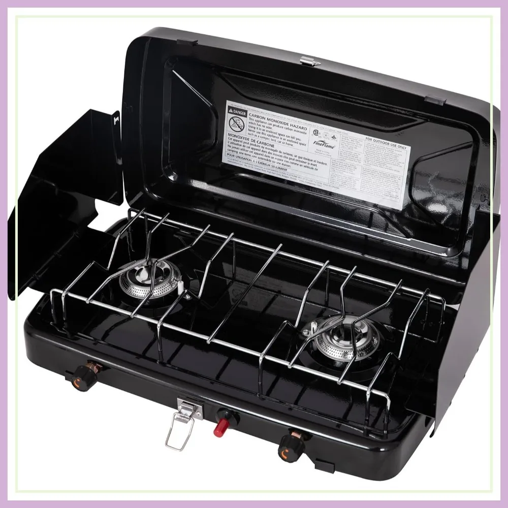 

Propane Camping Stove with Push-Button Ignition, Adjustable Burners & Wind Guards for Outdoor Cooking, 13000BTU 2-Burner