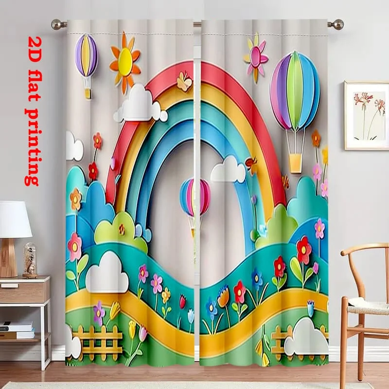 Colorful Rainbow Curtain, Paper Cut Art Style Print Drape, Hot Air Balloon Clouds Window Treatment for Kids Room Nursery Home