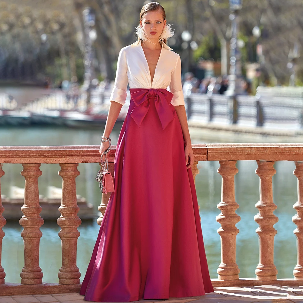 Robe de soirée de mariage bordeaux ivoire pour femme, col en V profond, demi-manches, soirée formelle, longueur au sol, ligne A, robe de Rhen satin