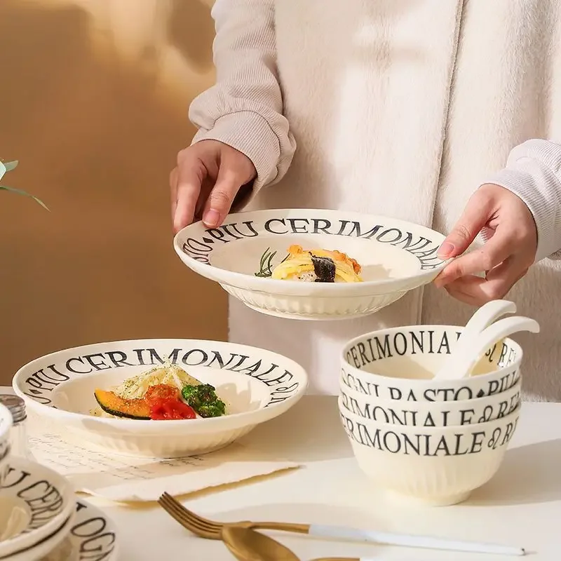 INS Wind Rice Bowl Soup Bowl Ceramic Plate Plate Milk Yellow Letter Bowl Plate Tableware High Beauty Bowl Plate Set Household