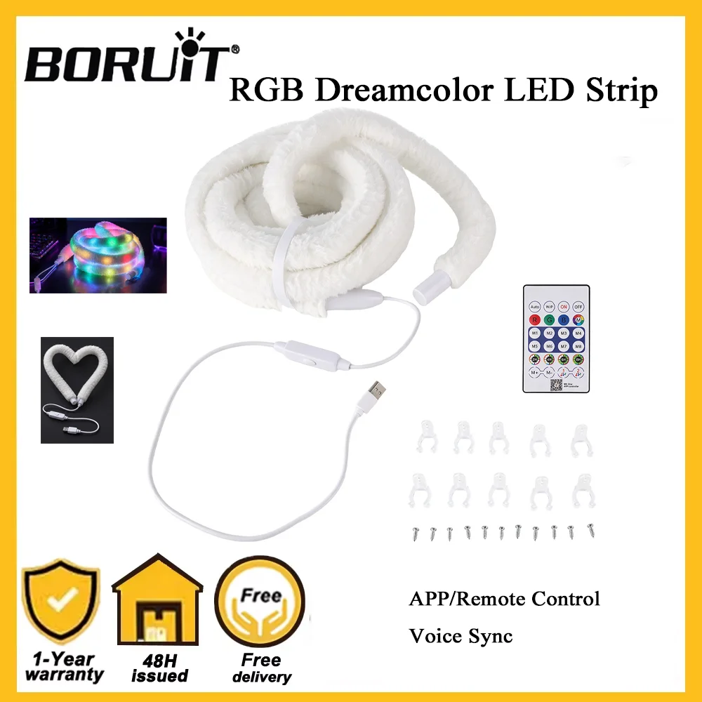 BORUiT RGB Dreamcolor LED Strip Plush Neon Rope Light 5M,Bluetooth APP & IR Remote Control USB 5V DIY Indoor Decor Lamp