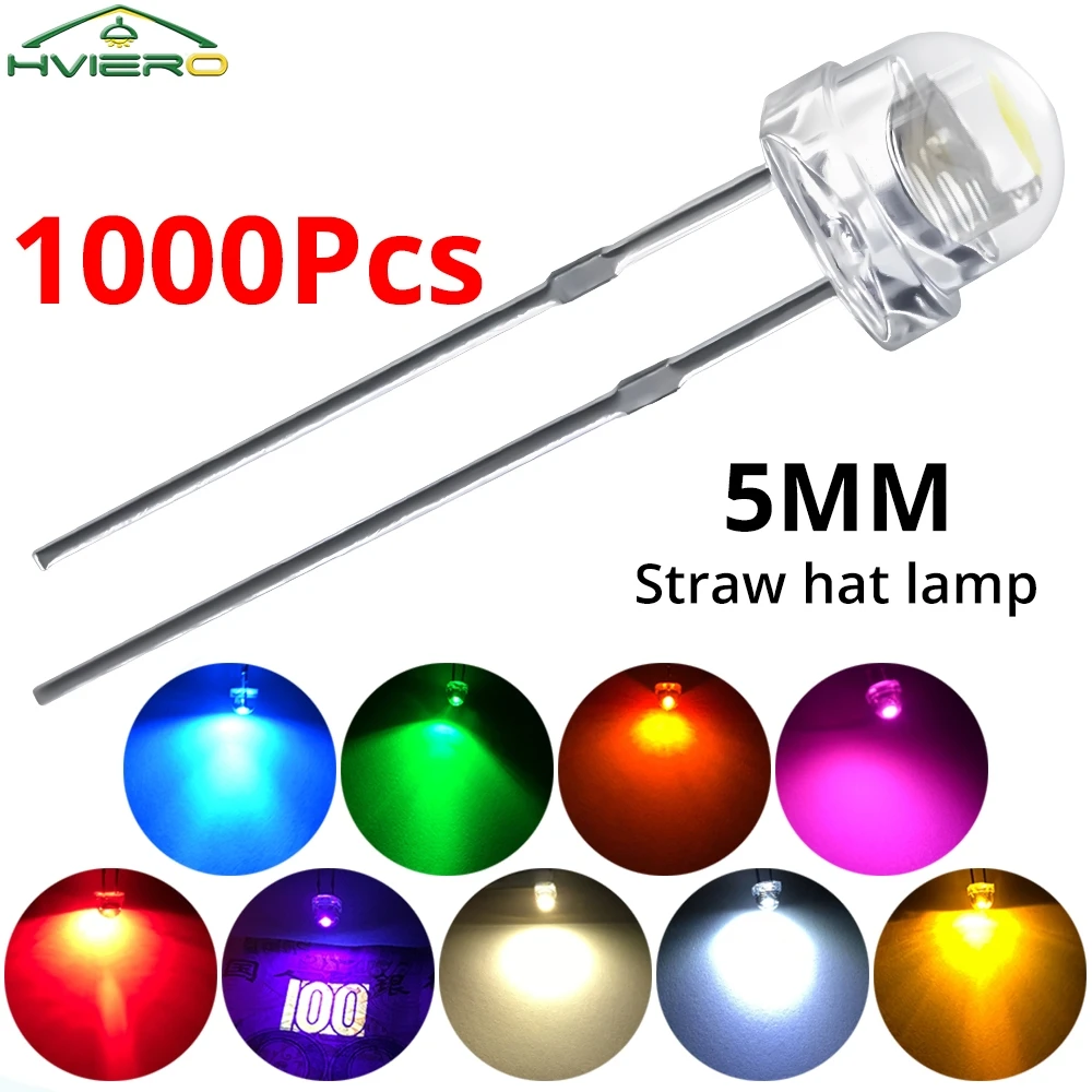 1000Pcs Min F5 5mm Straw Hat Water Clear Beads Emitting Diode Ultra Bright White Blue Green Yellow Red Wide Angle LED Light Bulb