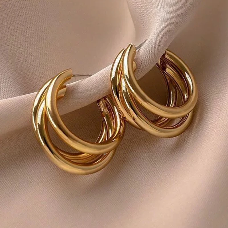 Simple Metal C Shape Dangle Earrings for Women Trendy Retro Three Layer Personality Geometry Drop Earrings Round Circle Jewelry